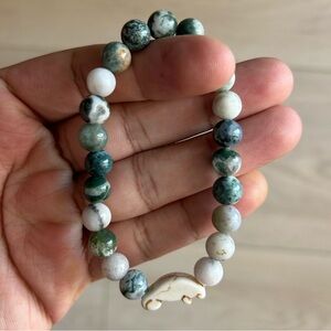 Handmade Moss Tree Agate Stretch Bracelet with Bone Carved Manatee.